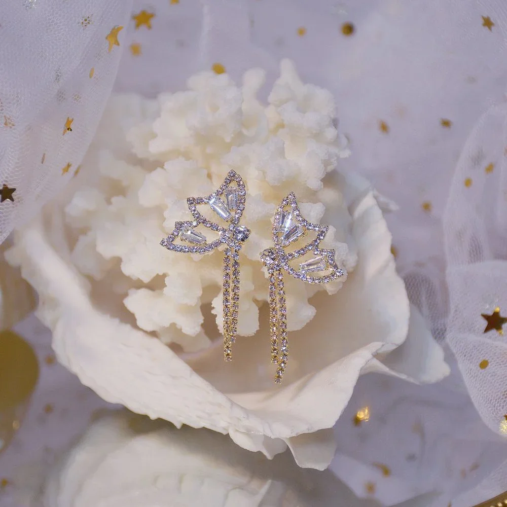 NEW 14K Gold Plated Round Diamond Butterfly Tassel Drop Earrings - Picture 6 of 6